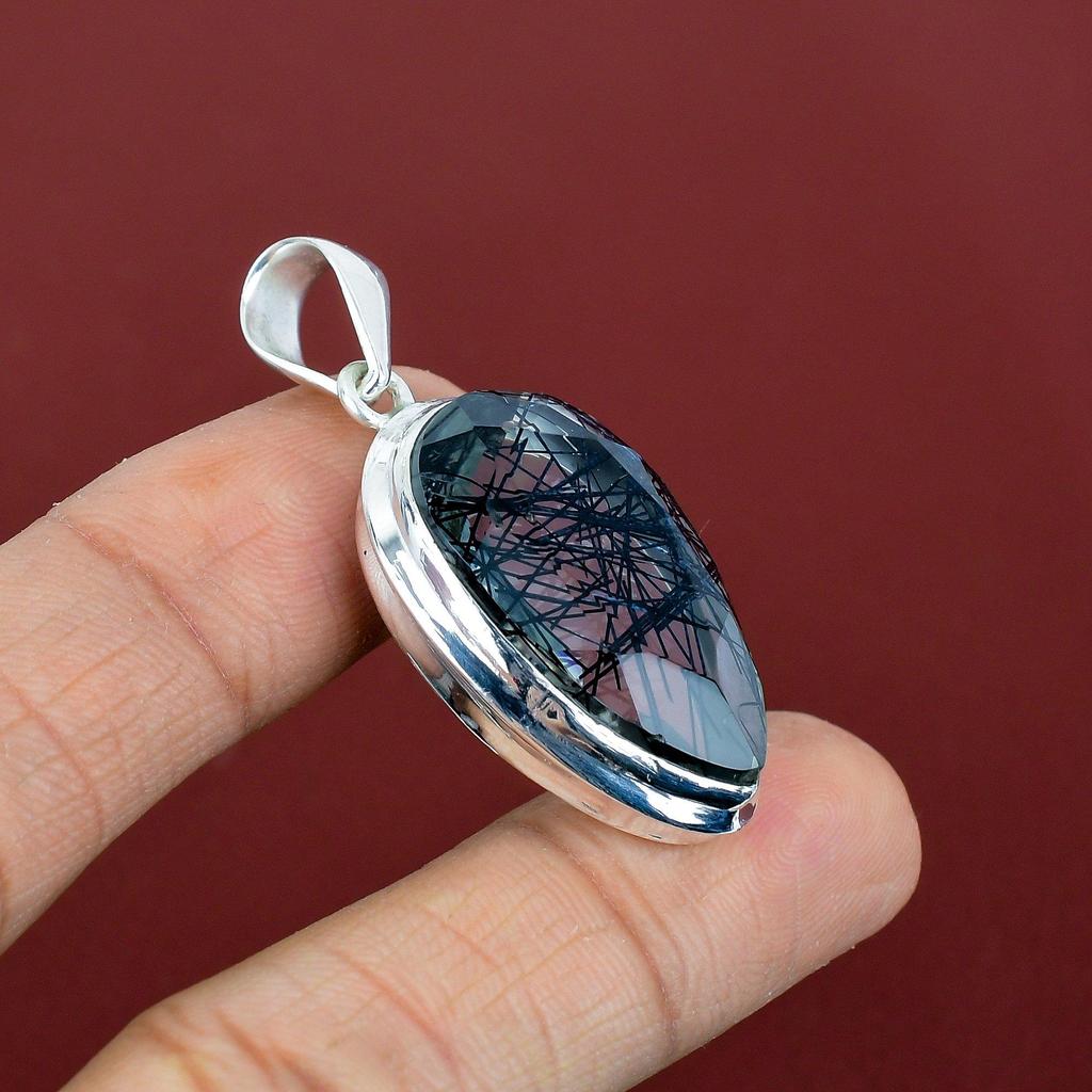 Faceted Black Rutile Pendant Natural Gemstone Pendant Amazing Jewelry 925 Sterling Silver Pendant Handmade Birthstone Pendant Gifts for Wife