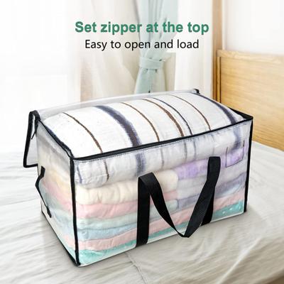 Large Capacity Moving Clear Bag Portable Handle Zipper Heavy Duty Foldable Multifunctional Quilt Clothes Blanket Storage Organizer Pouch Travel