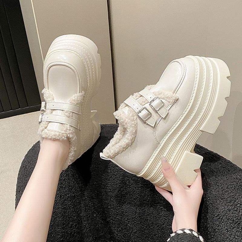 Heel Small Leather Shoes Women's Velvet 2025 New Autumn and Winter Outer Wear Shoes Fluffy Cotton Shoes British Platform Loafers