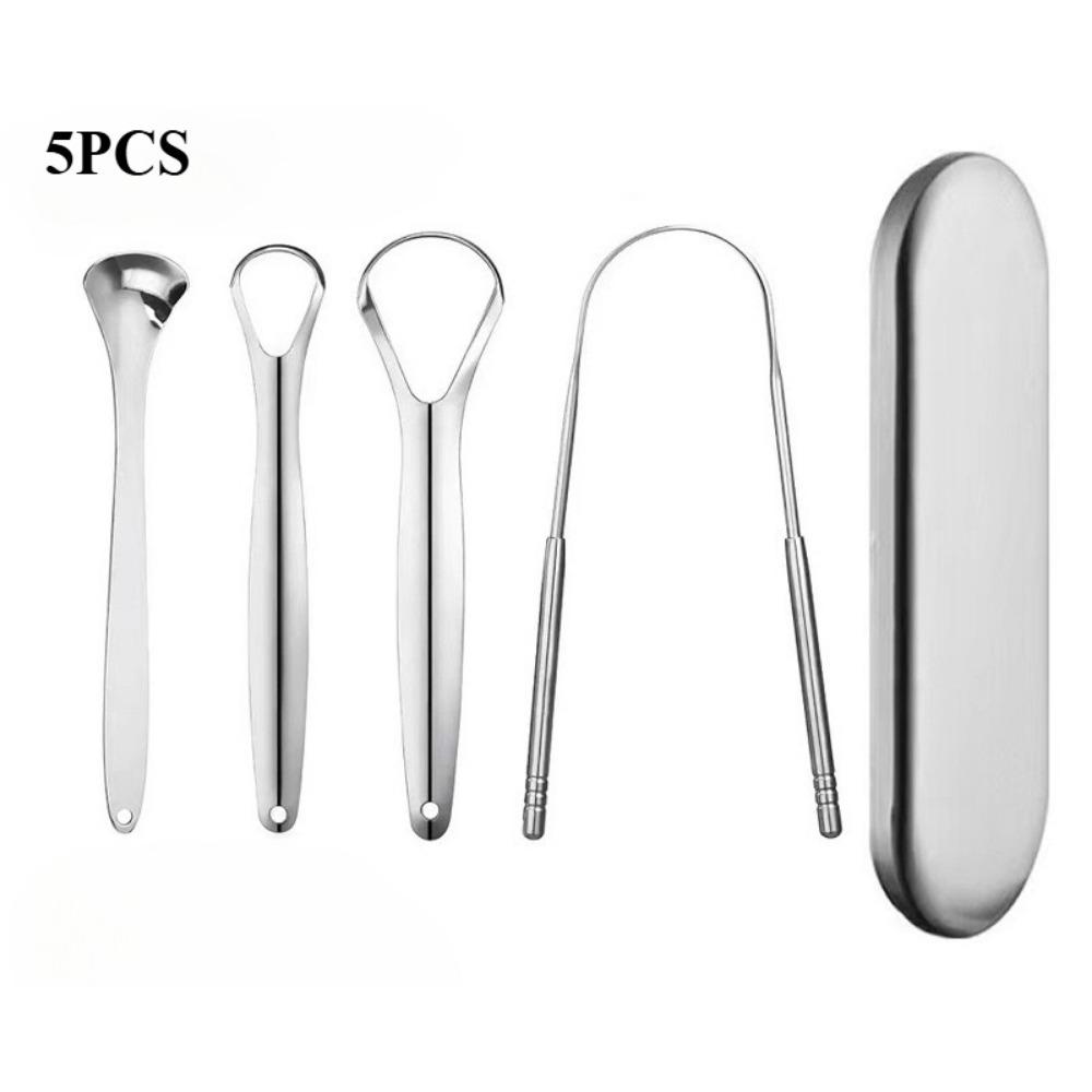 

Скребки для языка из нержавеющей стали, очиститель языка для взрослых и детей, портативный очиститель для удаления налета с языка, чистящие инструменты для полости рта 5PCS