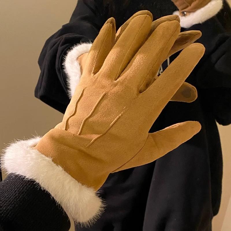 Suede Brown Plush Gloves Women's Autumn and Winter Thickened Plush Warm and Cold Outdoor Riding Gloves