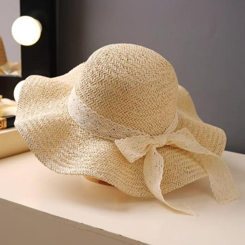 New lace decorative wavy edge women's hat summer seaside vacation visor sun protection wavy big brim straw hat
