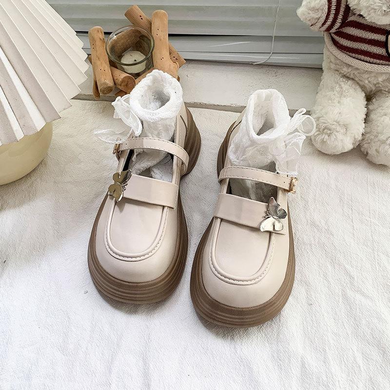 2025 Autumn New Thick Heel Platform Retro College Style Jk Shoes Mary Jane Shoes Milk White Butterfly Small Leather Shoes Women