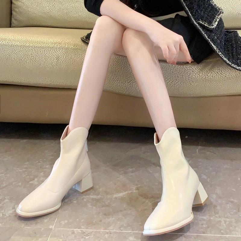 Women's Shoes, White Short Boots, Women's 2025 Autumn and Winter New Square Head Thick Heel Thin Boots, Thin and Velvet, Zipper High Heel Naked