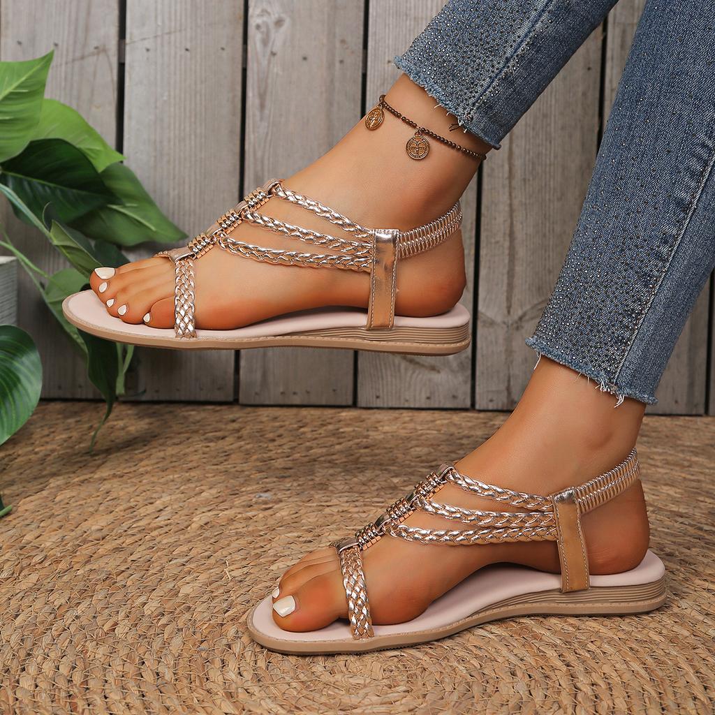 Women's Summer Round-Toe Non-Slip Comfortable Flat Sandals Fashionable Golden Style Best-Selling Plus-Size Casual Footwear