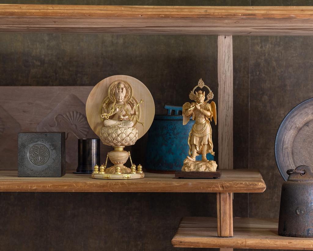 Miniaturní Buddha Karurao 11cm zlatá hliněná dřevěná ozdoba (Dřevěný buxus, povrchová úprava)Socha Buddhy, postava, řezba, (GSB Karurao)