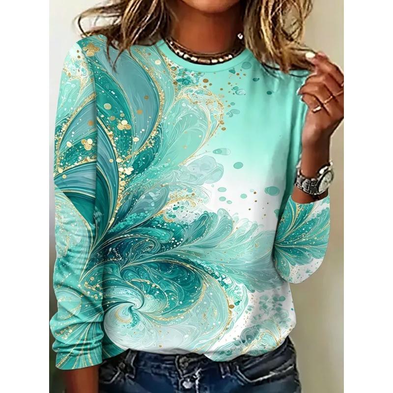 Autumn and Winter Women's Flower 3D Printed Crew Neck Long Sleeve T-Shirt