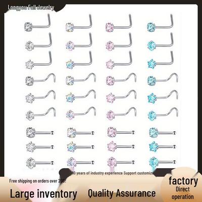 Stainless Steel Zircon Nose Stud Set: Straight, L-Bar, Curved - Star & Heart Designs