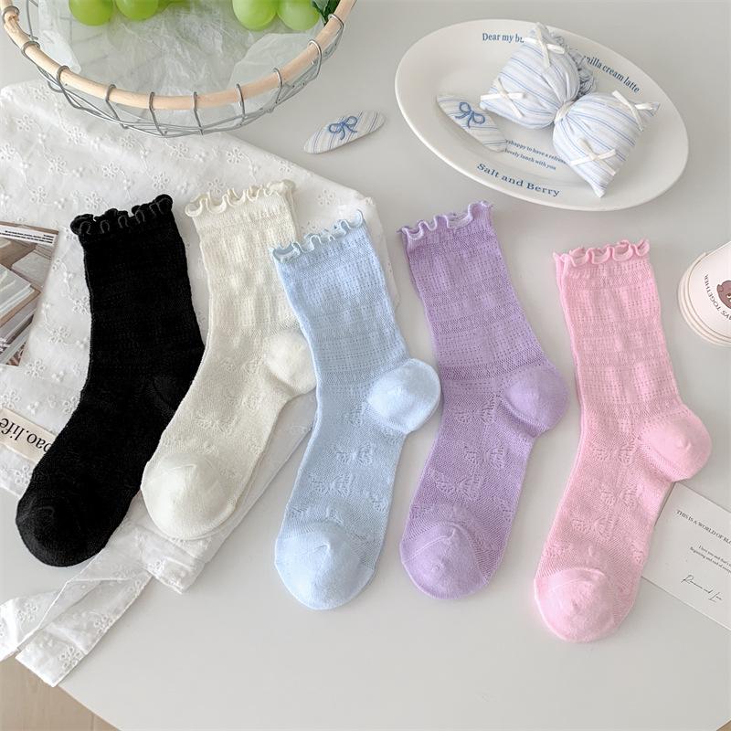 

Thin Breathable Socks Hollow Catwalk Mesh Dark Pattern Bow Ballet Style Medium Tube Stacking Socks One size fits all чорний