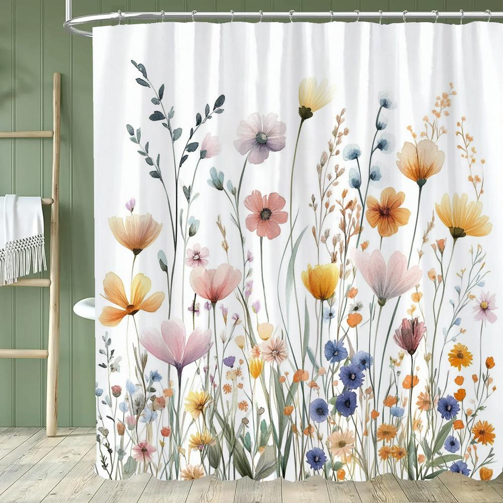 Floral Shower Curtain, Bathroom Watercolor Floral Shower Curtain, Modern Flowers Decorative Fabric Home Curtain With Hooks