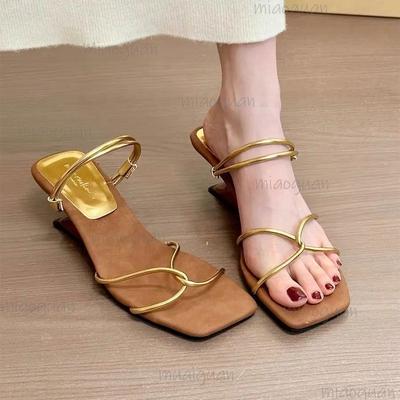 Fashion Gold Narrow Band Slides Women 2026 Summer Cross Strap Square Toe Slip On Sandals Silver Novelty Strange Heel Slippers