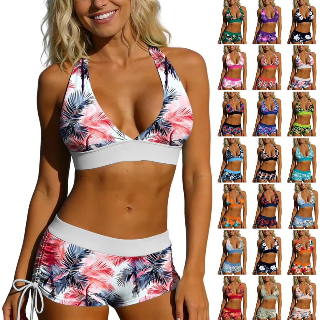 Women Two Piece Bikini Set with Drawstring Boyshorts and Printed Top Removable Padded Wireless Swimsuit for Beach Pool