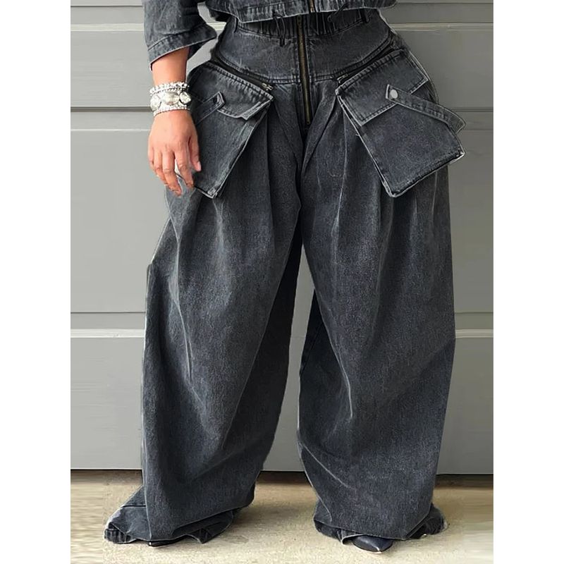 

European and American Sexy Washed Old Blue Denim Cropped Jacket + Large Pocket Trousers Straight Pants Two-piece Set Black [Denim]] S