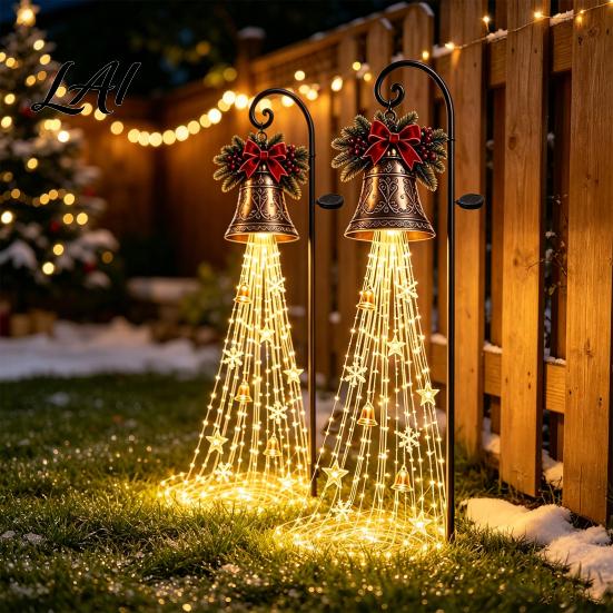 Metal Iron Garden Art Ornaments Solar Powered Christmas Light Outdoor Stake Festive Scene Decor Star Snowflake Waterfall String Lamp Holiday