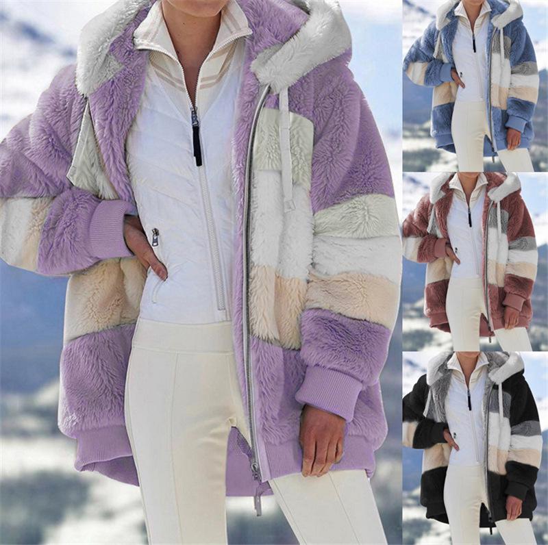 Women's Loose Fit Multi-Color Plush Hooded Jacket - Autumn/Winter 2021