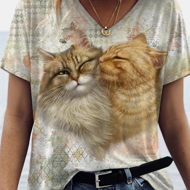 Tricouri cu Grafică Pictură Pisică Imprimare 3D Femei Decolteu în V Mânecă Scurtă Tricou Modă Y2K Tricouri Supradimensionate Harajuku Top Îmbrăcăminte Femeiască
