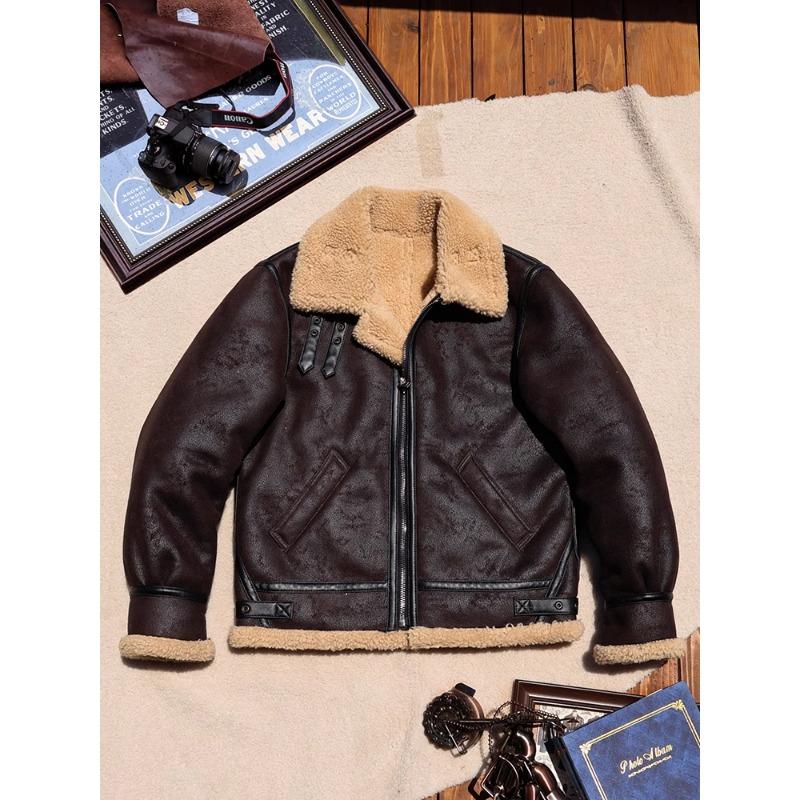 Vintage B3 Sheepskin Leather Jacket for Men Winter Thick Bomber Coat with Faux Fur Lining