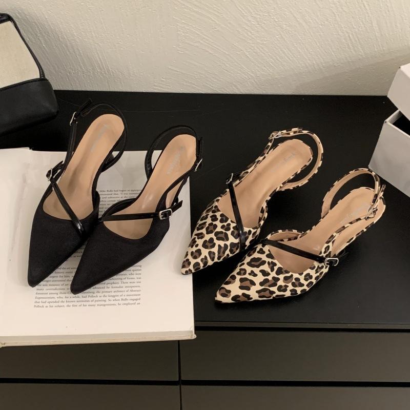 French leopard print one word with light mouth pointed head thin heel satin high heels women's 2025 summer new imperial sister style single shoes