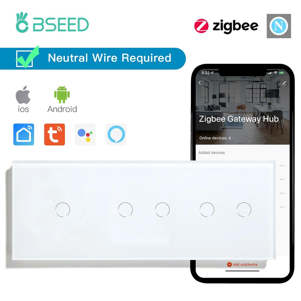 BSEED Zigbee 1/2/3Gang Touch Switches 1/2/3Way Tuya Smart Life App Control With UK Sockets Glass Panel Neutral Version White