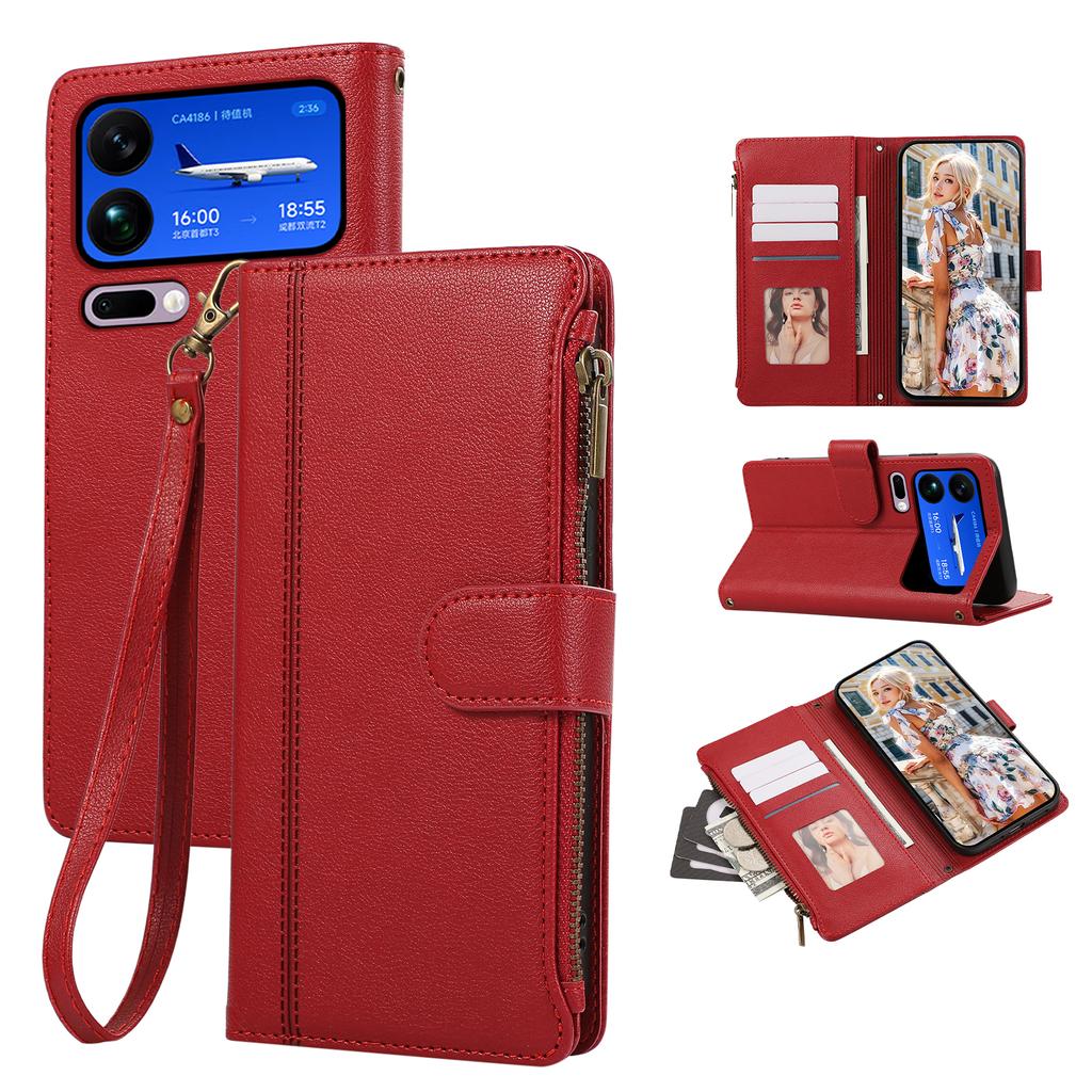 For Xiaomi 17 Pro Max Case Multi Card Slots Zipper Leather Phone Cover with Wrist Strap