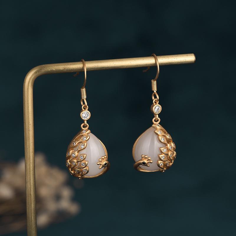 Peacock Imitation Hetian Jade Earrings: High-End Chinese Court Style with Fashionable Ear Hook for Women