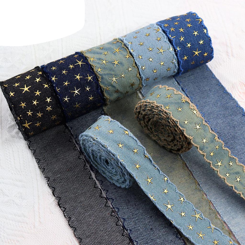 Retro Denim Ribbon With Star For Creative DIY Projects Clothing Decoration Vintage Blue Denim Trim Unique Star