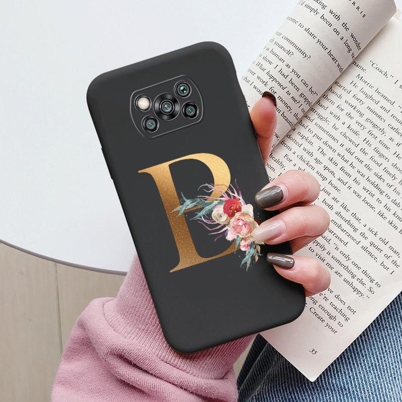 Letter Case For Poco X3 NFC PocoX3 Pro Back Cover Retro Flowers Pink Black Soft TPU Initial Fundas For Xiaomi Poco X 3 Pro Coque