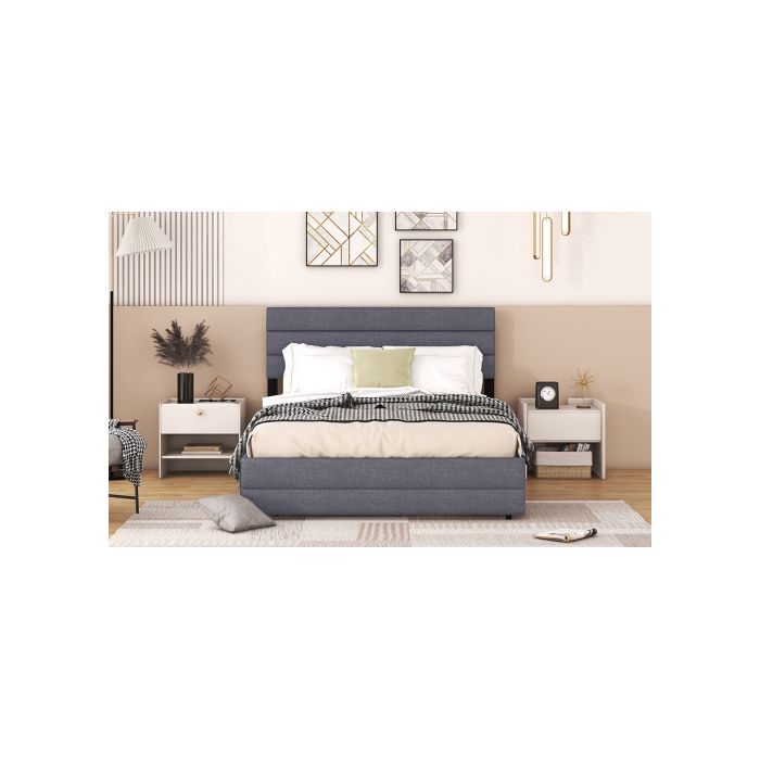 Lit Plate-forme - MUVOE - 140 X 200 Cm - Gris - 2 Tiroirs De Rangement - Montage Facile