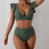 Women’s Two Piece High Waist Ruffle Bikini Set V Neck Swimsuit with Sleeves and Sporty Swimwear Design