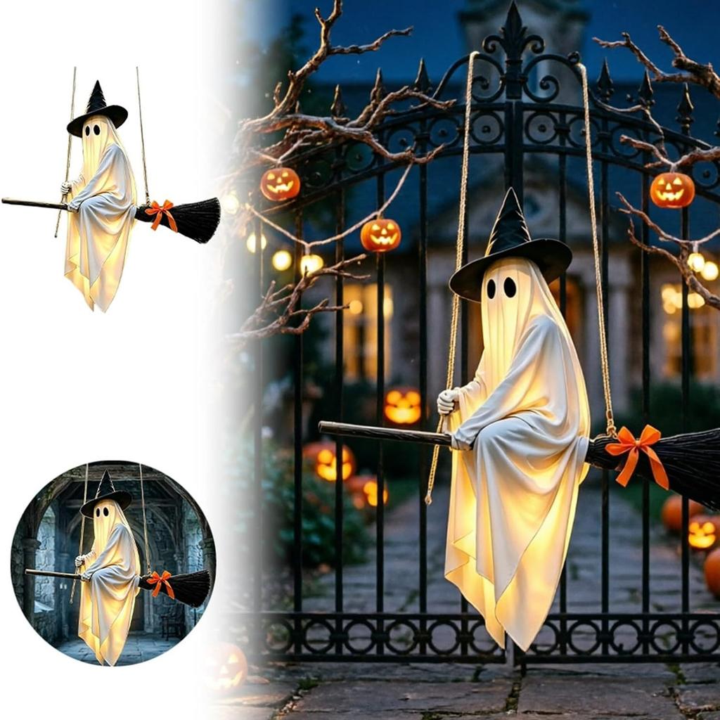 Halloween Decorations 5FT Large Hanging Flying Ghost Decor with Witch Broom for Lawn Patio Porch Backyard Front Yard Haunted House
