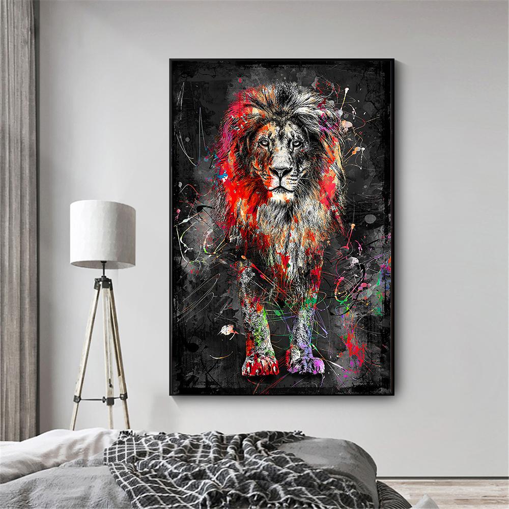 Buntes Löwen-Ölgemälde auf Leinwand, Druckgrafik, abstrakte Tierwandkunst, Poster und Druckgrafik