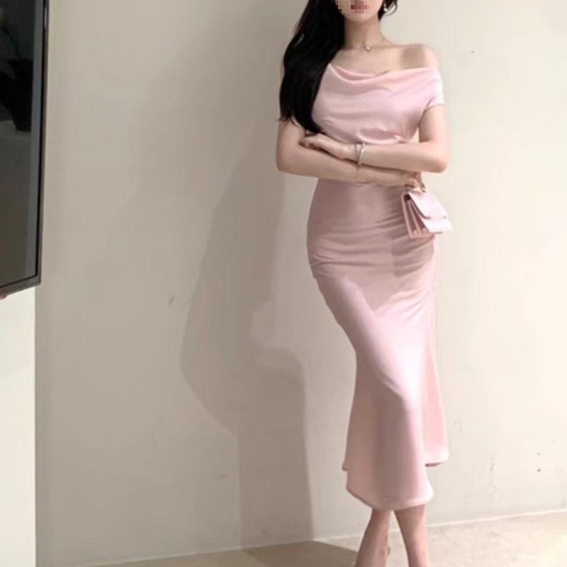 French Socialite Style Satin One-Shoulder Mermaid Maxi Dress - Elegant Draped Neck Bodycon for Women Spring Summer Formal Gown.