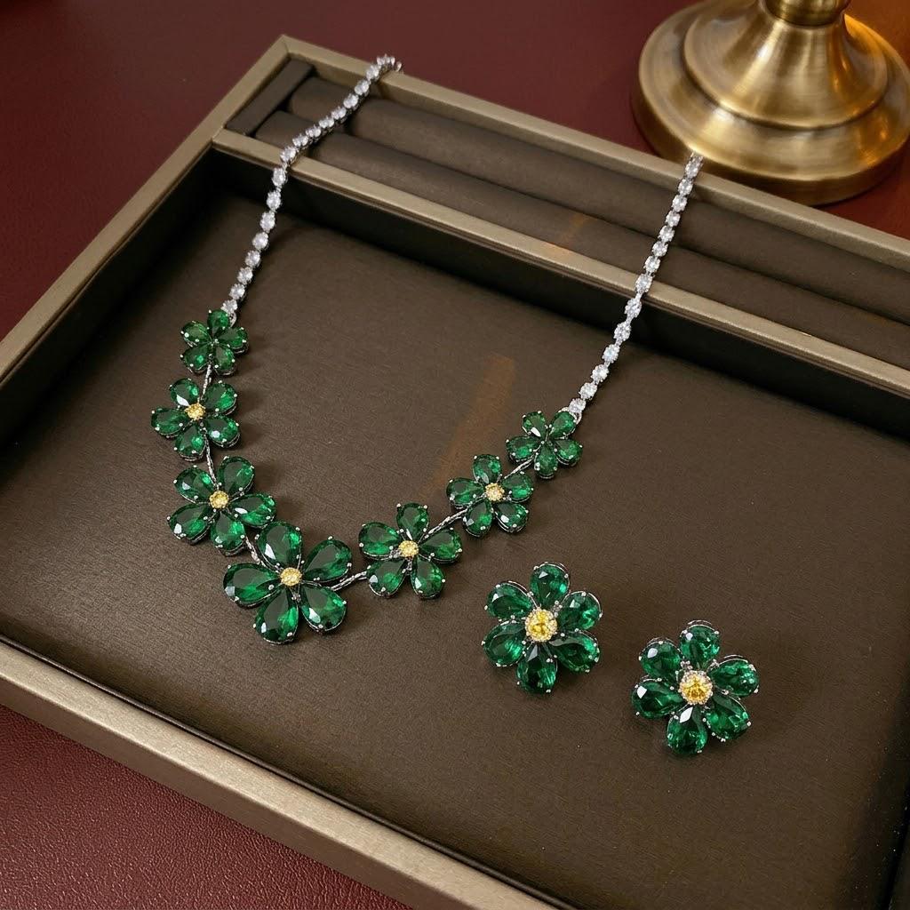 European & American Style Zircon Emerald Necklace & Earrings Set - Plum Blossom Design Clavicle Chain