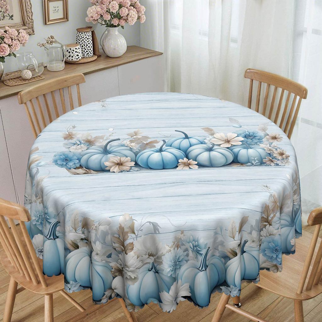 1 Fall Thanksgiving Blue Pumpkin Tablecloth, Wood Grain Polyester Tablecloth, Harvest Party And Country Grid
