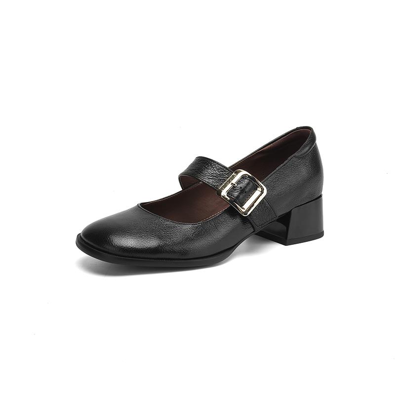 

Fashion NEW Spring/Autumn Women Pumps Genuine Leather Shoes for Women Round Toe Chunky Heel Shoes Concise Belt Buckle Mary Janes Shoes 34 чёрный