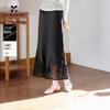 Elegant Embroidered New Chinese Style Black Satin Midi Skirt