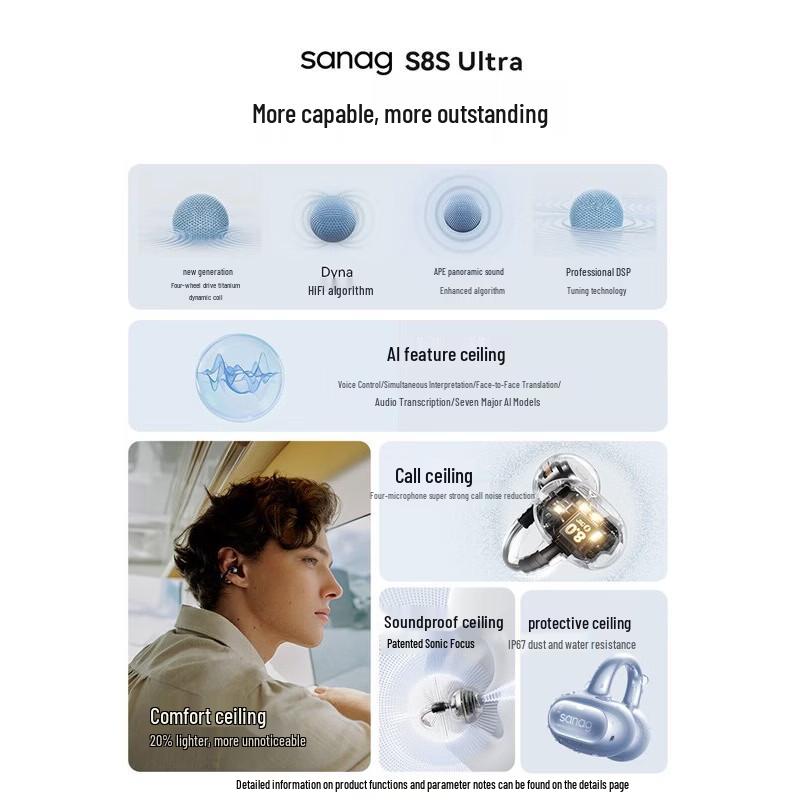 Sanag S8S Ultra AI Translation Ear-Clip Sports Bluetooth Headset