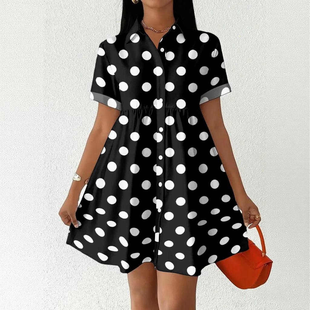 Women's Casual Loose Fit Shirt Dress Button Front Stand Collar Short Sleeve Polka Dot Patterned Dress for Everyday Wear