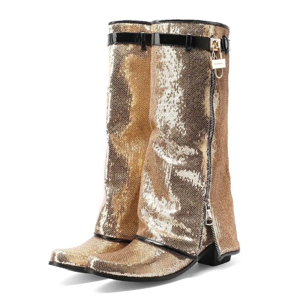 Lesklé flitrované látkové kozačky nad koleno s ohrnutým horním lemem Dámské s blokovým podpatkem Růžovo-zlaté Párty Kulatá špička Zámek Pásek Zip Bling Dlouhé kozačky k sukni
