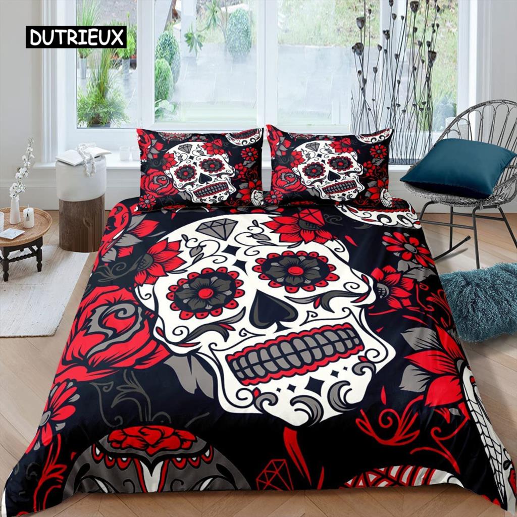 Sugar Skull Comforter Cover Set Teen Girl Bedding Set,Sugar Skull Decor Bedding Skull Roses Floral Print Duvet Cover Set