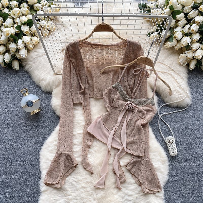 

Women s Pure Sweet Sexy Halterneck Cardigan Shawl Flower Khaki One size