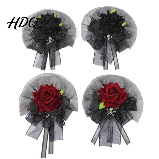 Handmade Faux Silk Floral Bracelet Black Burgundy Rose Tulle Mesh Corsage for Bridal Groom, Gothic Formal Suit Dress Decor Artificial Flower