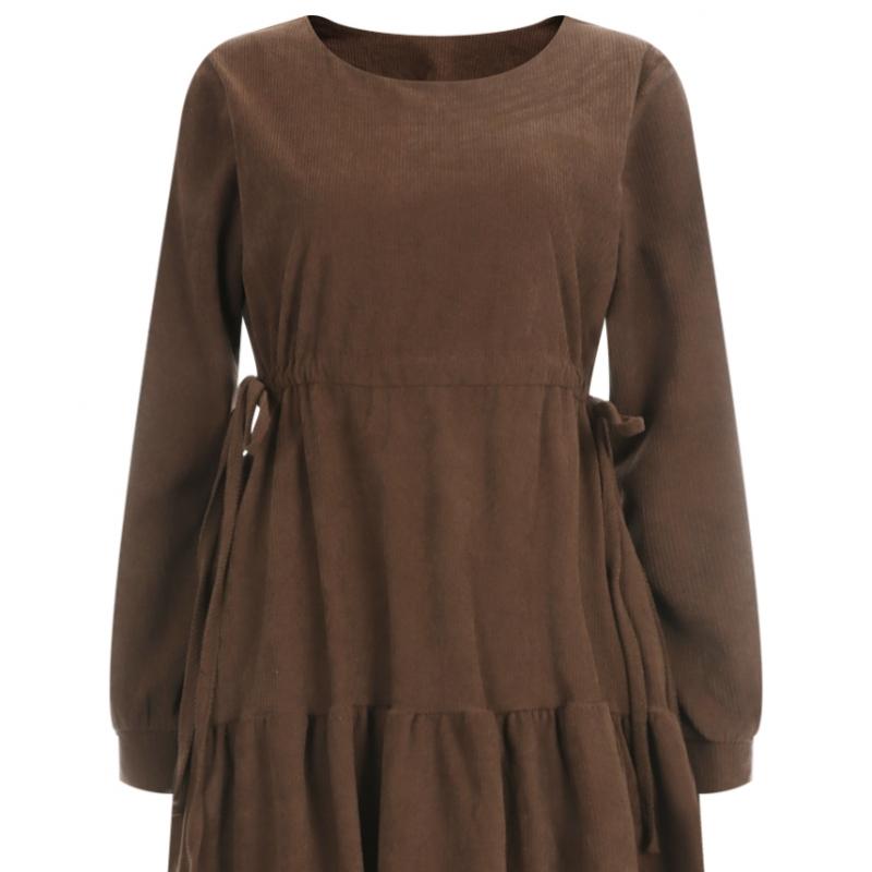 Shop   Fw Women S Round Neck waiSt Tie Corduroy Ruffle Long dreSS Gray Egg Wdr  