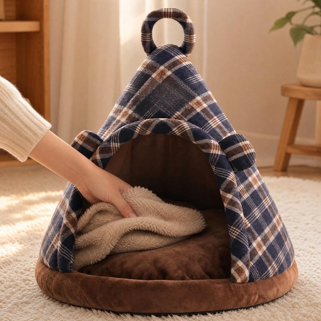 Triangular Tent Pet Bed Enclosed Covered with Nonslip Bottom Gentle Feline Hut for Kittens,