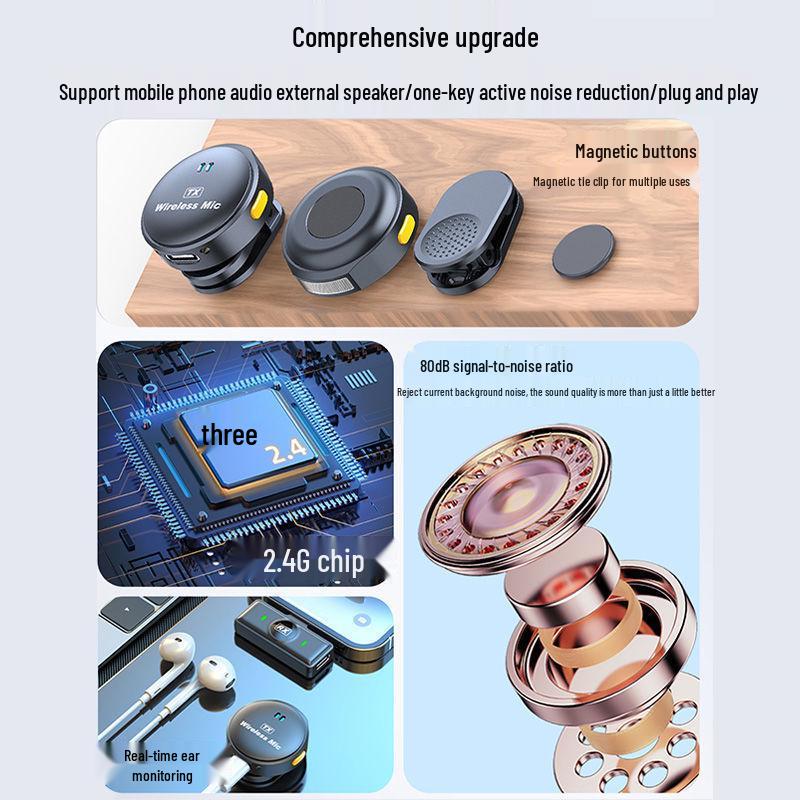 Three-in-One Wireless Lavalier Microphone with Noise Reduction for Live Broadcasts and Camera Audio.