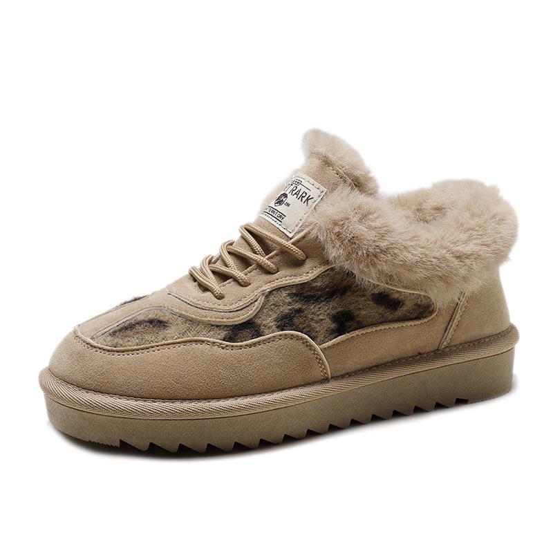 Women's Snow Boots New Autumn and Winter round-Toe Leopard Print Lace-up Furry Short Low-Cut Beige with Plush Winter Boots Cotton-Padded Shoes
