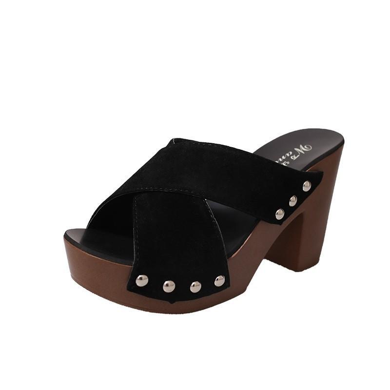 Summer fish mouth one-word rivet cross strap high heel thick bottom waterproof table sandals women