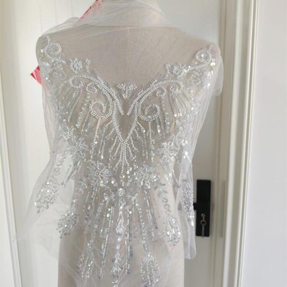 European Style Floral Bead Embroidery Patches White Silver Sequin Beaded Sequins Lace Patch Decorative 3D Flowers