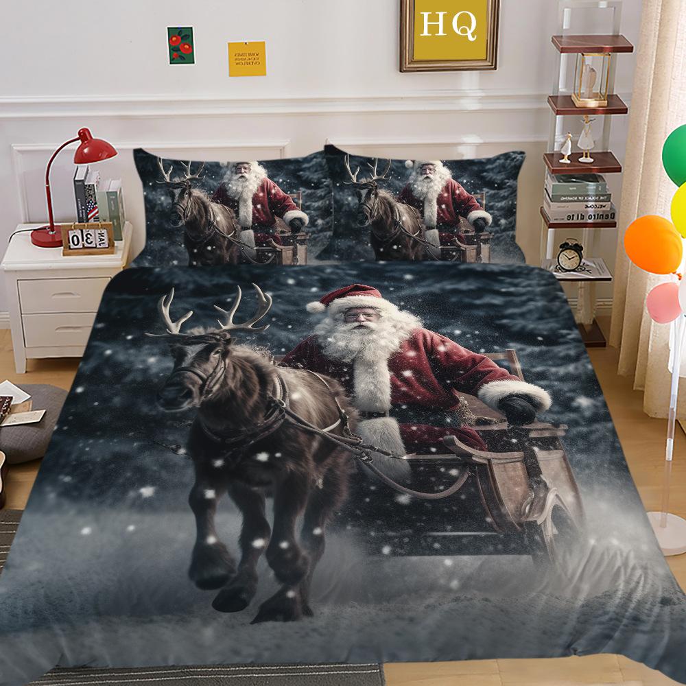 Weihnachtsmann Kutsche 3D-gedruckter Polyester Kissenbezug Bettdeckenbezug Zwei- oder Dreiteiliges Set Kann Sein
