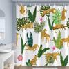 Mid Century Duschvorhänge, tropische Pflanzen, Leoparden, Sonne, Palmen, moderne Kunst, Polyesterstoff, Badezimmervorhang, Dekor mit Haken